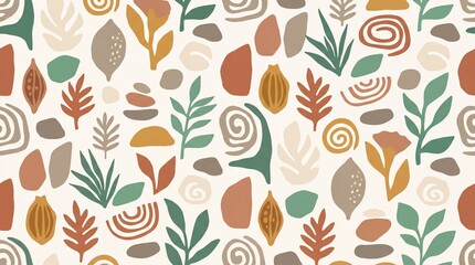Fototapeta premium Seamless pattern of organic abstract shapes, stylized leaves, and spirals in earthy tones. Contemporary design with terracotta and sage green on a beige background.