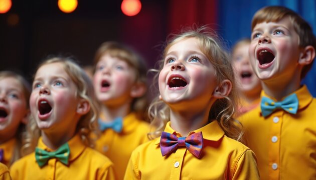 Children choir singers perform with happy faces. Young boys, girls in yellow shirts, bowties sing together. Excited kids perform musical piece with vocal sounds. Stage lights shine on performers.