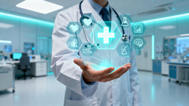 医師が手のひらで医療アイコンを表示する近未来