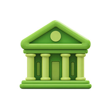 3D rendered illustration of a stylized green building with pillars and a triangular roof