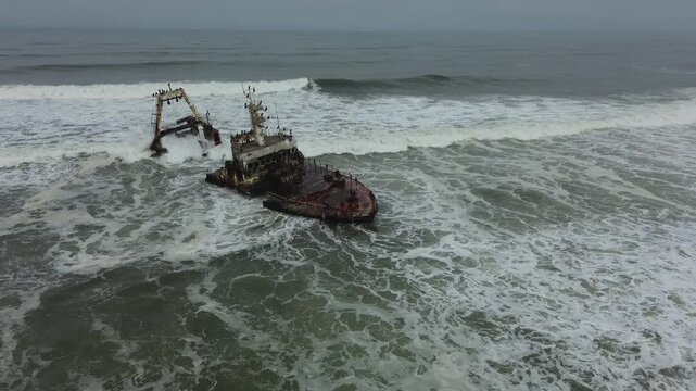 The Zeila shipwreck at Henties Bay on Namibias Skeleton Coast, as seen from a drone.