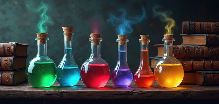 Row of corked glass bottles containing colorful liquids with wisps of colored smoke above. Old leather-bound books stack behind on wooden shelf. Mystical alchemical scene.