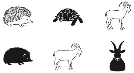 Collection of Silhouettes Featuring a Hedgehog, Tortoise, and Goat in Various Poses and Styles