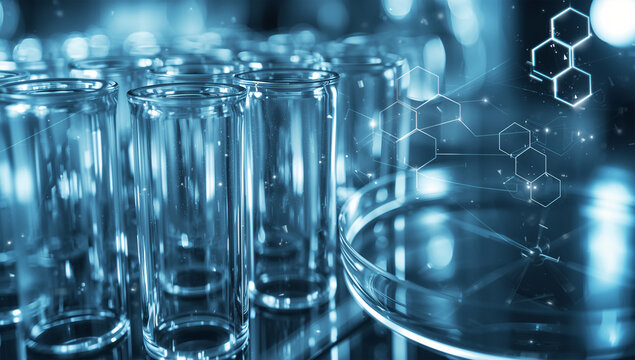 拡張現実風の図形オーバーレイが浮かぶ未来ラボ試験管背景の写真