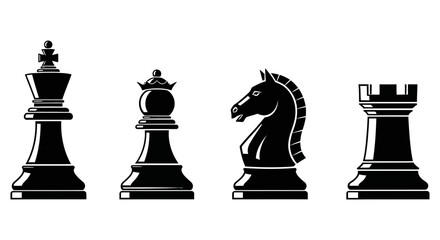 Silhouette outline drawing of classic chess game pieces including a king queen bishop and rook displayed against a stark black background representing strategy and intellectual challenge © Muhammad