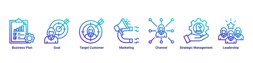 Obraz premium Strategic Planning banner icon set highlighting goal setting, customer focus, marketing channels, leadership, and long-term business direction