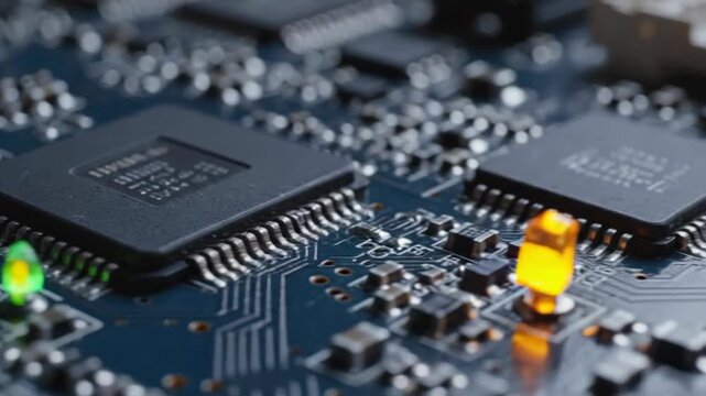 Microchip close up electronics technology and integrated circuit board macro
