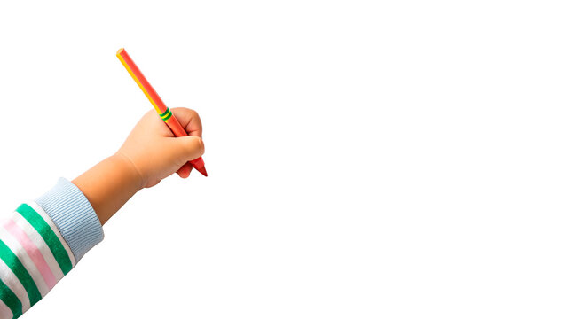 Child's hand holding a crayon and preparing to draw isolated on transparent background
