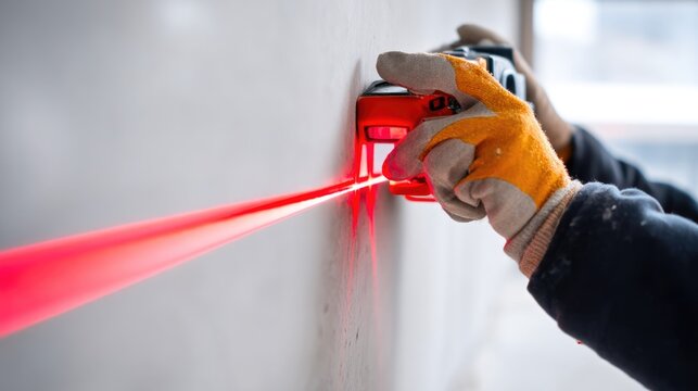 Worker using laser level tool for wall alignment during construction