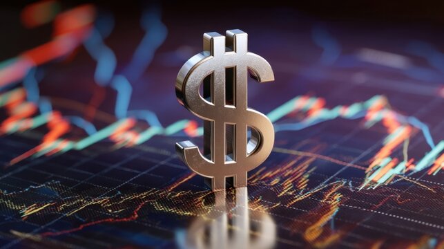 A prominent dollar sign stands tall with colorful financial charts in the background,