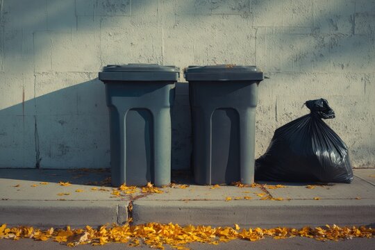 Garbage bins and black trash bag on city street sidewalk in autumn sunlight