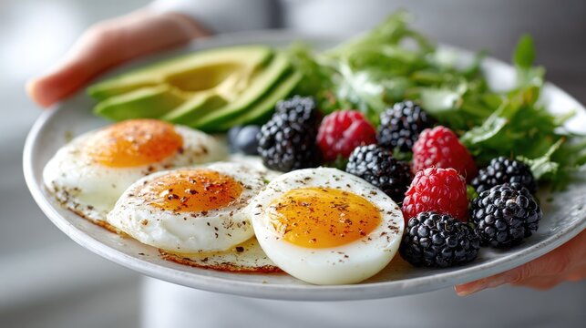 Healthy balanced breakfast with fried eggs avocado berries and greens on plate