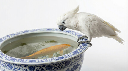 White cockatoo perched on a blue and white porcelain bowl watching a golden koi fish
