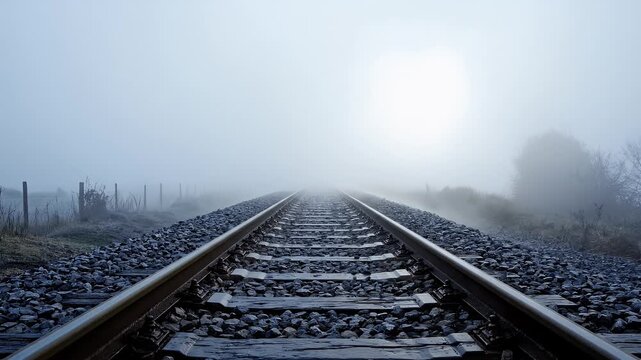 Misty railway tracks recede into the distance through a thick fog