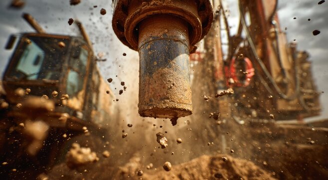 Industrial drilling rig crushing rocks and soil at construction site