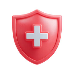 Fototapeta premium 3D rendered, glossy, red shield with a white cross, isolated on black background