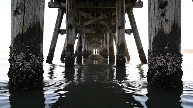 Beneath weathered wooden pilings, reflections shimmer on dark, rippling water