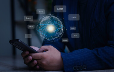 Businessman using smartphone with AI language translator hologram, global map, and multilingual text. Concept of international communication and technology.