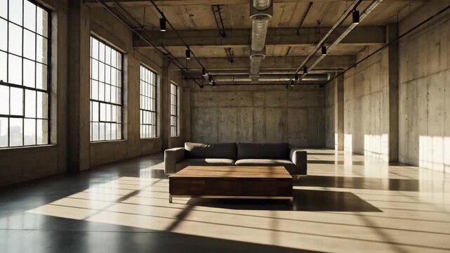 An empty loft-style room with concrete walls large industrial windows a modern couch and coffee table illuminated by sunbeams