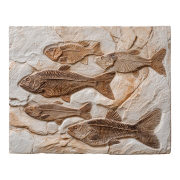 F&oacute;siles de peces que representan vida acu&aacute;tica antigua, evoluci&oacute;n, historia natural y estudio paleontol&oacute;gico detallado. Peces f&oacute;siles incrustados en roca clara mostrando esqueletos completos 