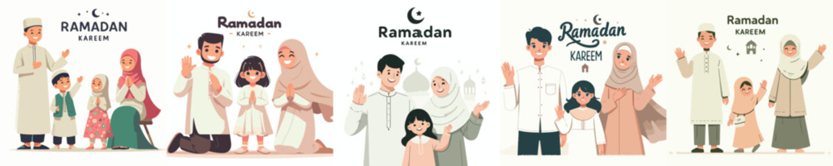 vector of muslim family saying Ramadan Kareem