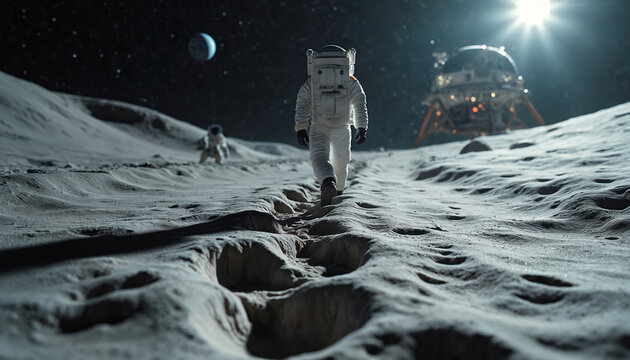 Astronauts walk on dusty moon terrain near lunar module. One astronaut leaves fresh footprints in grey dust. Spacecraft sits on alien surface under bright sun and stars.