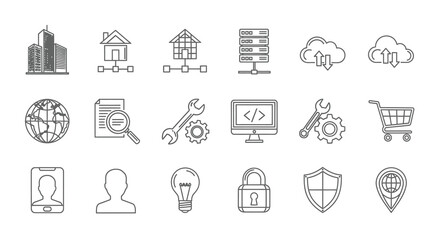 Collection of linear icons representing technology and business silhouette © Rakib