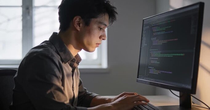 Man working at computer screen writing code indoors
