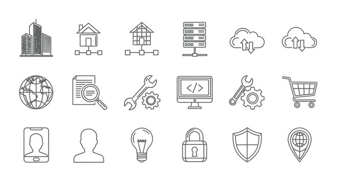 Collection of linear icons representing technology and business silhouette