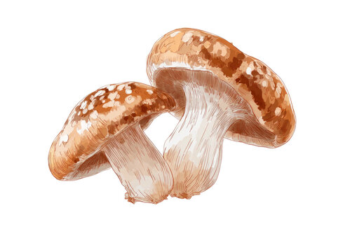 Artistic depiction of two fresh shiitake mushrooms against a transparent black background