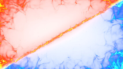 対立する赤と青の炎の枠のエフェクト背景。背景が透過しているPNG画像。