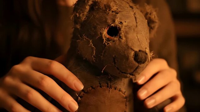 Adult Hands Tenderly Holding Old Stuffed Bear Missing Eye Patched Fur Emotional Childhood Memory Soft Lighting Stock Video Footage