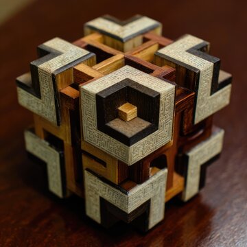 Intricate Wooden Mechanical Puzzle Cube with Carved Geometric Details