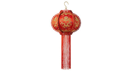 Traditional Red and Gold Chinese Lantern with Dragon Embroidery and Tassels on White Background