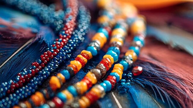 Close-up view of colorful beaded necklaces and feathers, vibrant and detailed.