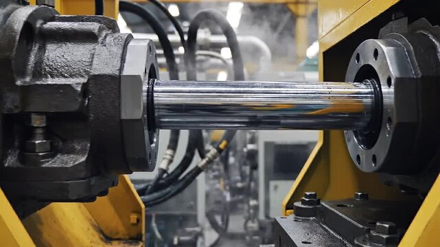 Close-up detailed view of a heavy-duty hydraulic cylinder mechanism extending a polished chrome rod between two robust dark gray metal housings within an industrial manufacturing setting.