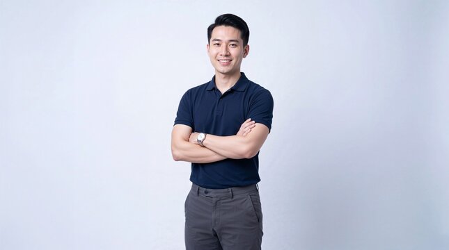 A confident Asian man standing with his arms crossed in a studio setting