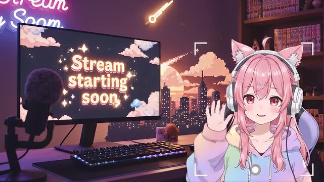 Cute Anime VTuber Stream Starting Soon Overlay with Cityscape Background.