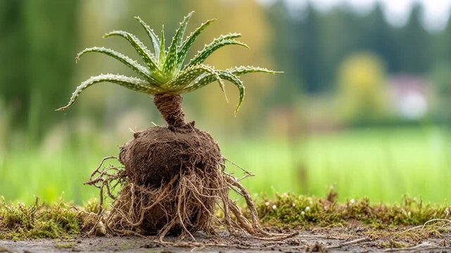 An aloe vera plant with its root ball exposed against a blurred green backdrop