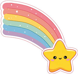 Cute cartoon shooting star with rainbow trail, smiling, bright colors, illustration