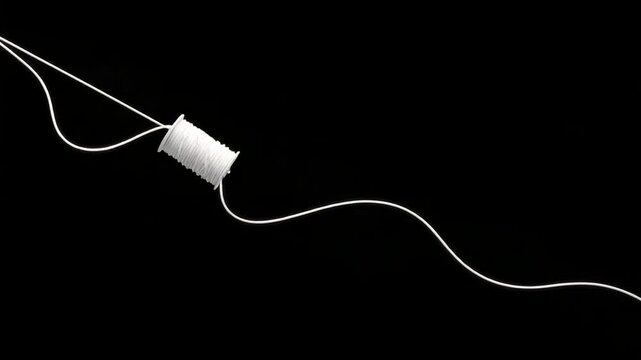 White thread spool unwinding on black background.