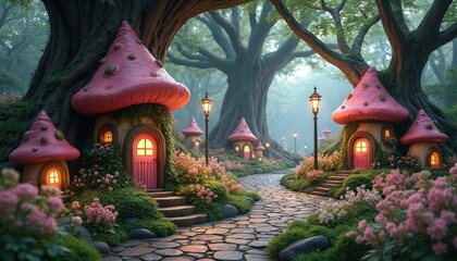 Obraz premium Magical mushroom houses line a cobblestone path in a misty enchanted forest. Glowing lanterns illuminate the path leading through whimsical tiny village. Fairytale nature scene.