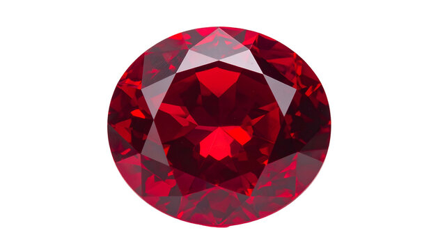 A round, faceted, vibrant red gemstone, isolated against a solid black background