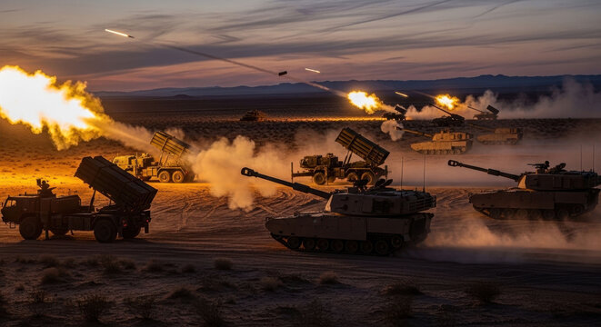 Military vehicles engage in a nighttime training exercise with rockets and artillery fire