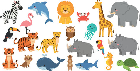 Cute cartoon animals set with safari jungle and ocean wildlife including lion elephant whale shark and giraffe playful vector illustration for kids designs © Nasrin