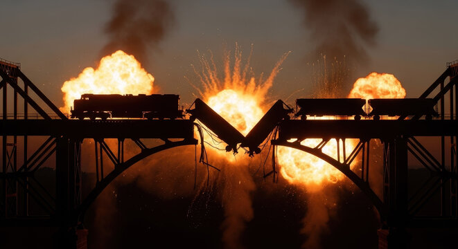 Train crash explosion on bridge at sunset, dramatic disaster scene
