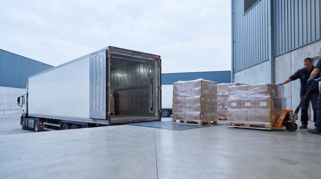 A wide B2B logistics scene shows shrink-wrapped pallets being moved toward an open refrigerated trailer at a modern dock, captured in neutral daylight with clean lines and banner-ready space.