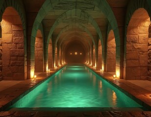 Fototapeta premium Old stone corridor with arched ceiling leads to long indoor pool. Water glows turquoise under dim candle light and stone walls. Interior looks ancient with spa atmosphere.