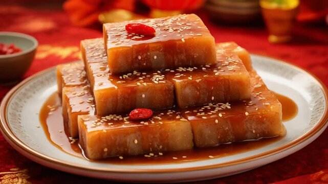 A traditional Chinese New Year dessert featuring layered sticky rice cake glazed with syrup and garnished with red dates on a festive red table.
