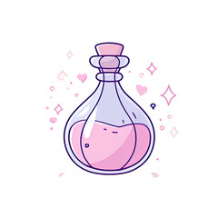 A cartoon-style illustration of a pink potion in a glass bottle with sparkles and heart shapes